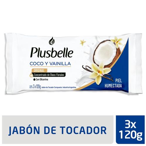 7790990004081 JABON TOCADOR PLUSBELLE 3X120G COCO Y VAINILLA