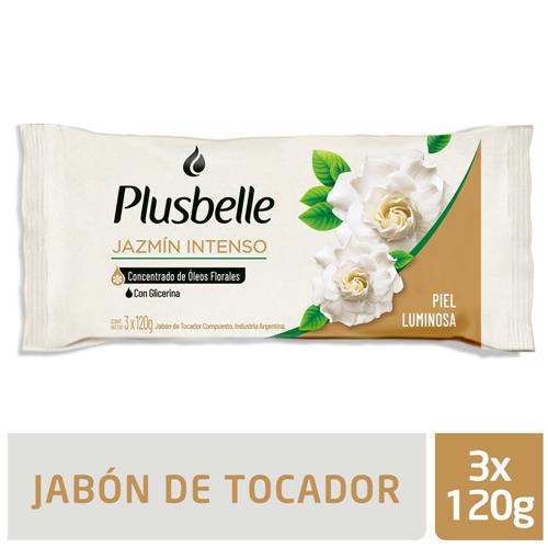 7790990004128 JABON TOCADOR PLUSBELLE 3 X 120G JAZMIN INTENSO